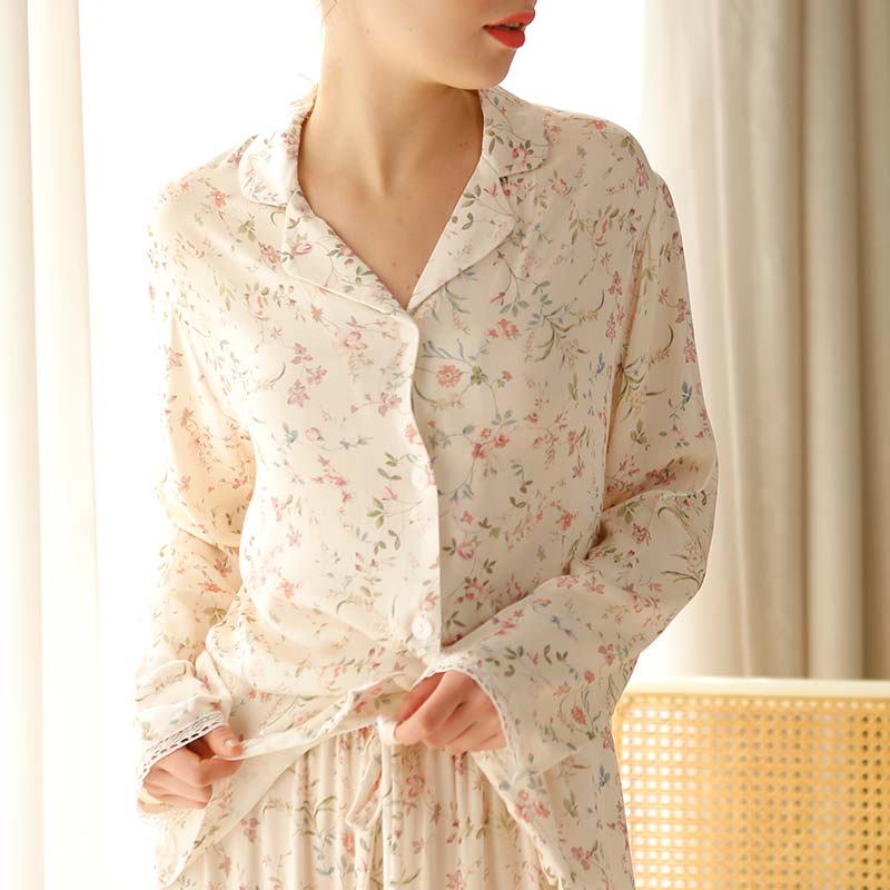 Ownkoti - Camicia da notte a maniche lunghe con scollo a V in raso floreale