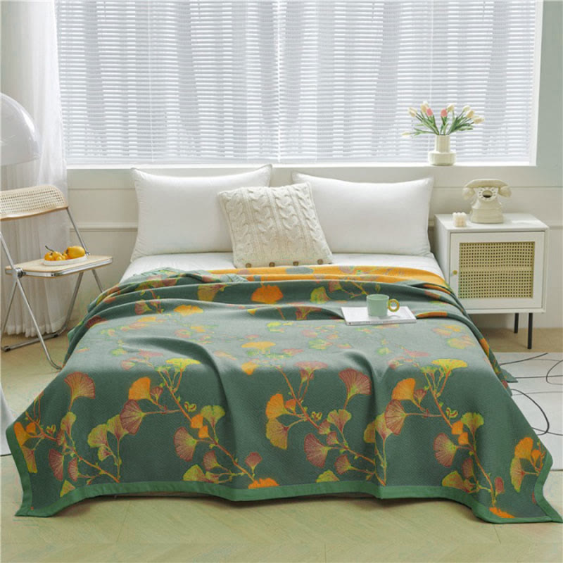 Trapunta reversibile in cotone jacquard con foglie di ginkgo