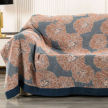 Coperta reversibile leggera in cotone con motivo peonia - Blu e arancione - 200cm x 230cm - image 0