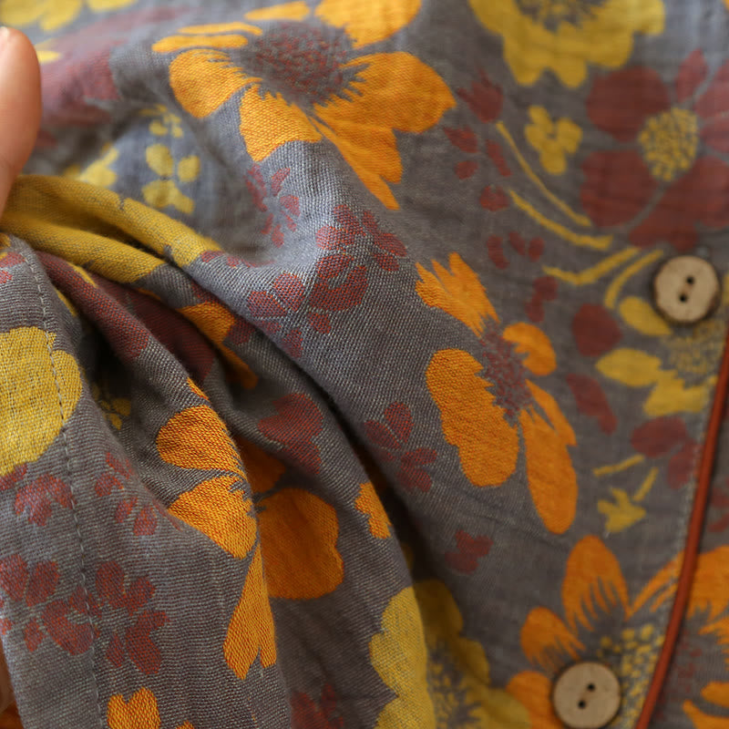 Abbigliamento da casa in cotone con scollo a V e motivo jacquard a fiori vistosi