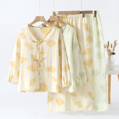Completo da casa in cotone con fiocco e foglie di ginkgo