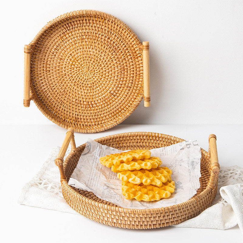 Vassoio rotondo in rattan intrecciato a mano Ownkoti con manici