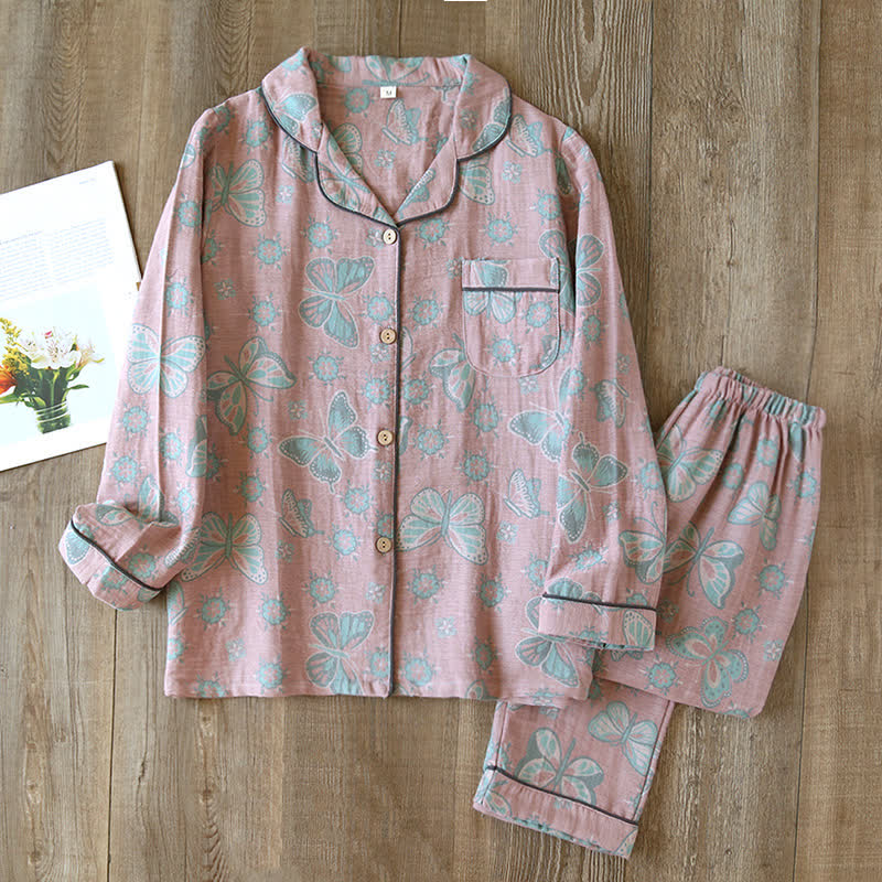 Completo da casa in cotone con stampa a farfalle vintage - Rosa - XL - image 8