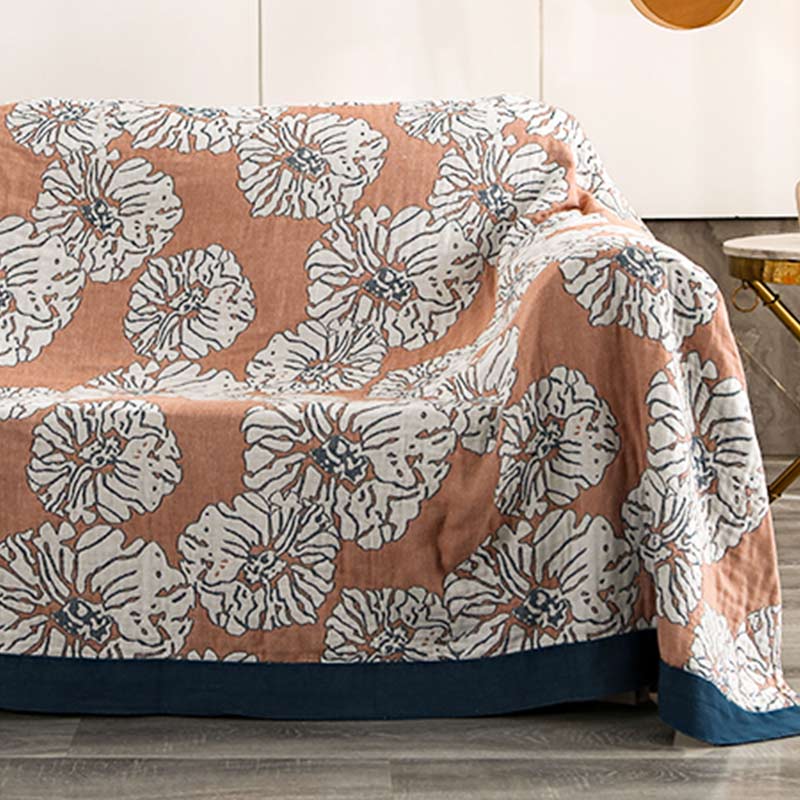 Coperta reversibile leggera in cotone con motivo peonia - image 1