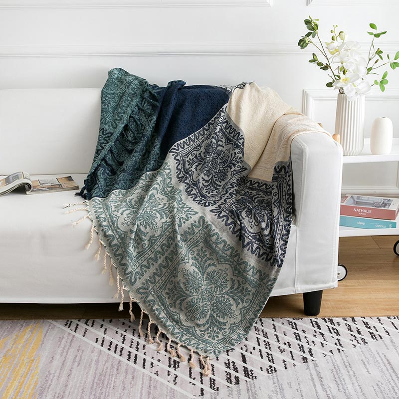 Coperta scialle in maglia con nappe e fiori bohémien Ownkoti