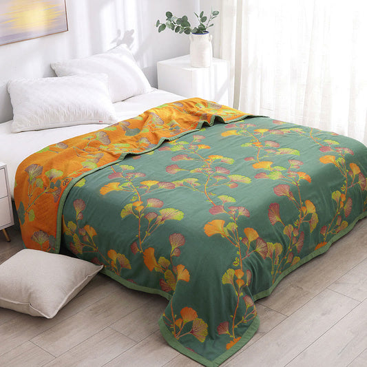Trapunta reversibile in cotone jacquard con foglie di ginkgo