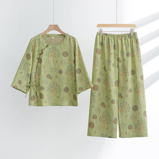 Completo da casa in cotone jacquard Leaf Tree - Verde - XL - image 1