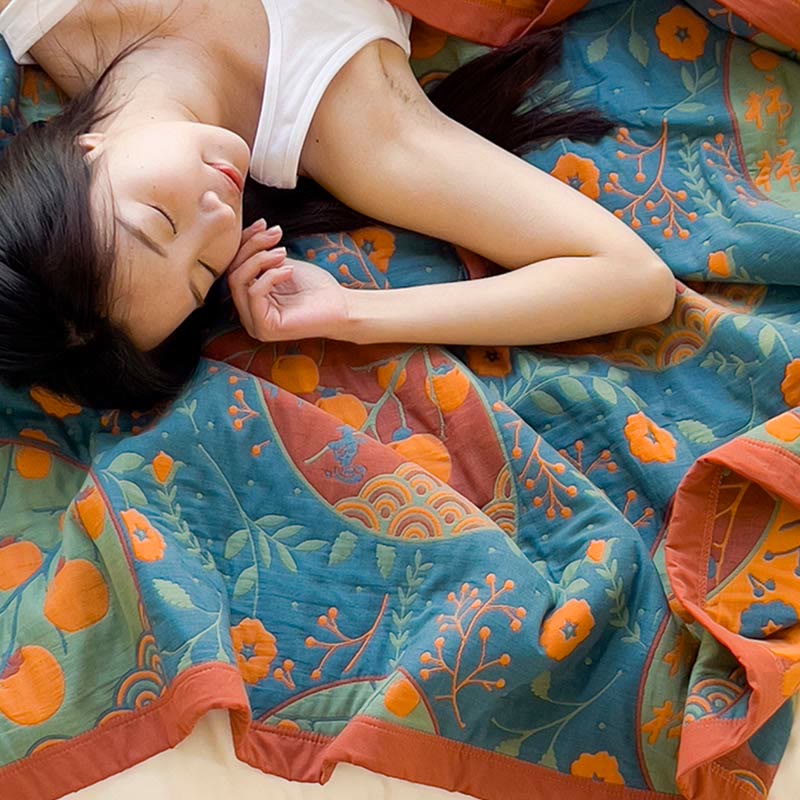 Trapunta doppia in cotone con fiori di cachi