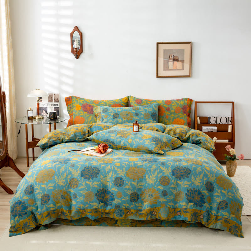 Set di biancheria da letto in cotone con fiori e foglie retrò (4 pezzi)