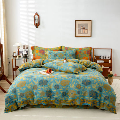 Set di biancheria da letto in cotone con fiori e foglie retrò (4 pezzi)