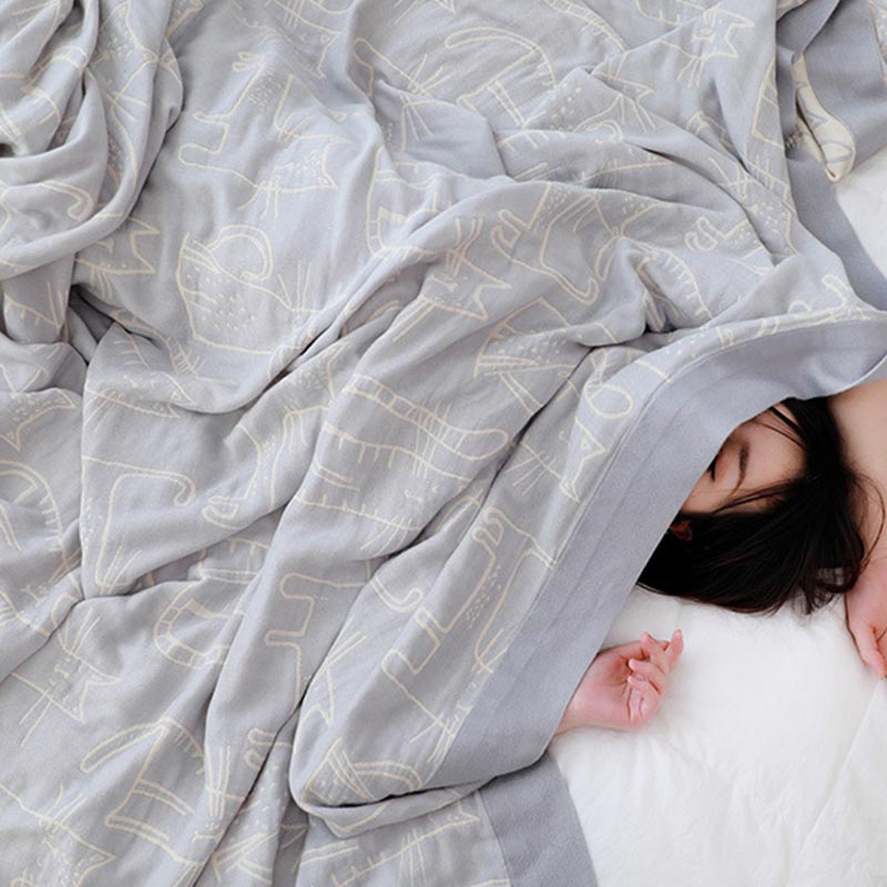 Coperta reversibile trapuntata in cotone con stampa di gatto Ownkoti